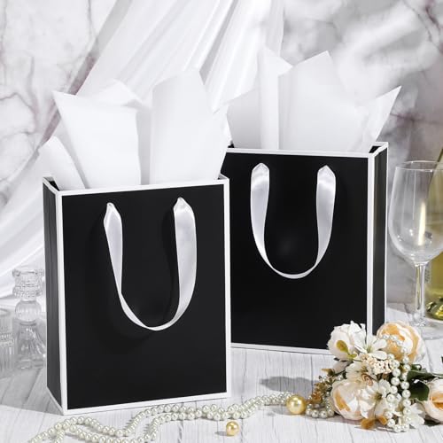 Image of Yeaqee 24 Pack Metallic Paper Gift Bags,Black, White | with Satin Ribbon Handle and Tissue, 9x7x3.1 Inch, Suit Business, Birthday, Christmas, Thank You Return Gifts Bags