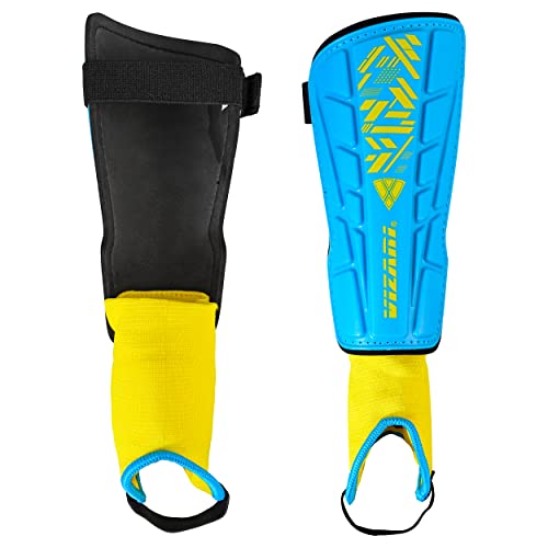 Vizari Malaga Soccer Shin Guard for Kids| Youth Soccer Shin Guard | Lightweight and Breathable Child Calf Protective Gear Soccer Equipment | Sky/Yellow | Medium
