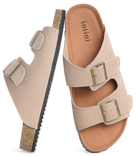 Intini Slides Sandals for Men Women Suede Leather Flat Sandals Arch Support Summer Outdoor Slippers Fashion Two Strap Shoes with Adjustable Buckle Lightweight Open Toe Soft Cushioned