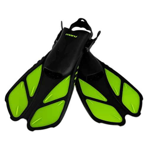 Maru Dive Fins, Snorkel Fins Adjustable Buckles Open Heel for Swimming Diving Snorkelling Swim Flippers Travel Size Short Adult Men Womens Kids - Neon Lime/Black - Adult -Large (8/12)
