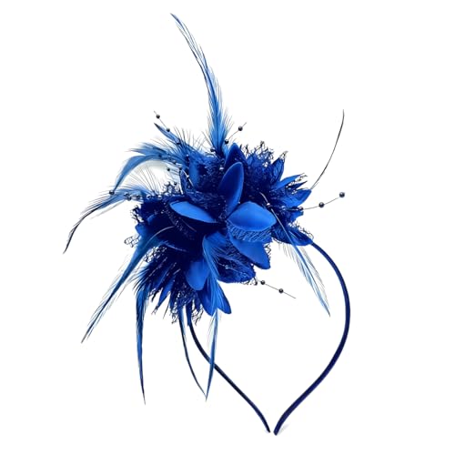 Yxtwaeh Fascinators Hat for Women Tea Party Hat Feather Floral Lace Headband for Church Wedding Cocktail Party Dress Up Accessories Royal Blue