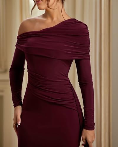 Jamille Women's One Shoulder Formal Dress Satin Mermaid Prom Dresses Long Sleeve Ruched Evening Gown with Cape JA02243