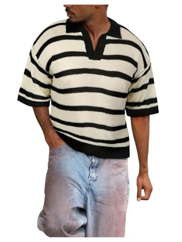 Men's Striped Sweater Vintage Half Sleeve Lightweight Sweater Collared Neck Casual Knit Top