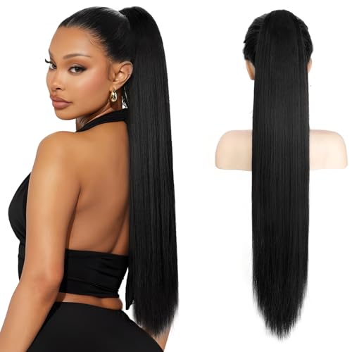 HMD Ponytail Extension, Long Straight Drawstring Pony Tail Hair Pieces Synthetic Ponytails Natural Soft Clip in Hair Extension ponytail for Women