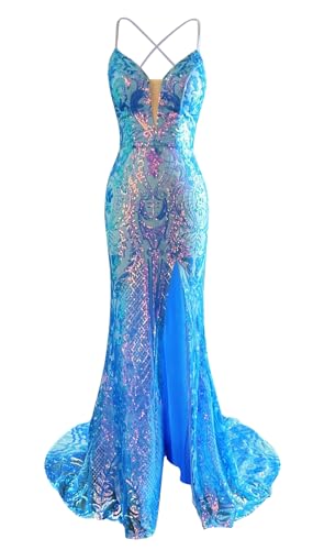 Sparkly Sequin Prom Dress Long Mermaid Spaghetti Straps V Neck Formal Gowns Tight Evening Dresses with Slit for Women