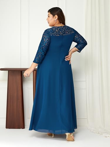 Image of Miss Chase A+ Women's Floral Printed Relaxed Fit V -Neck 3 /4Th Sleeve Georgette Maxi Dress