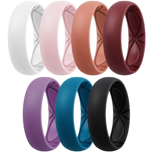 Image of Egnaro 4 /5 /8 Variety Multipack Ergonomic Breathable Anniversary Rings, 6mm Wide - 2mm Thick Rubber Wedding bands women, silicone Rings Women with Half Size