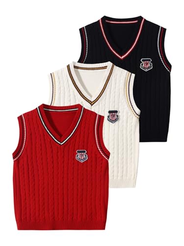 Fdqin Boys Sweater Unisex Vest Cable Knit V-Neck Knitted Uniform Toddler Kids Girls Clothes Vests Black White Red 7-8Years