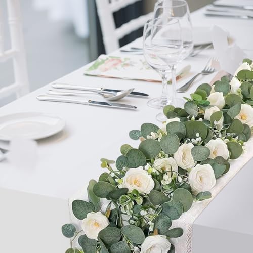 2PCS Artificial Eucalyptus Garland Vines with White Rose 12FT Hanging Camellia Flower Garland Artificial Plants Faux Gypsophila Vine for Wedding Party Table Runner Decoration
