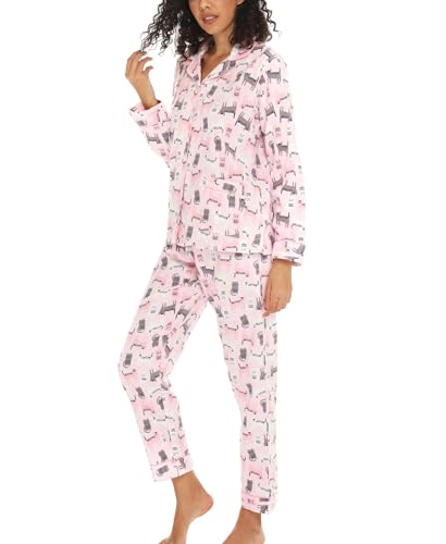 ENJOYNIGHT Schlafanzug Damen Lang Baumwolle Flanell Pyjama Set