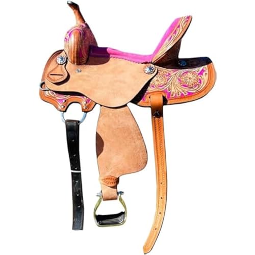 Pink Color Western Horse Saddle, Western Kids Youth Adult Horse Barrel Saddle for Horse Riding, Floral Tooled Saddle with Silver Conchos