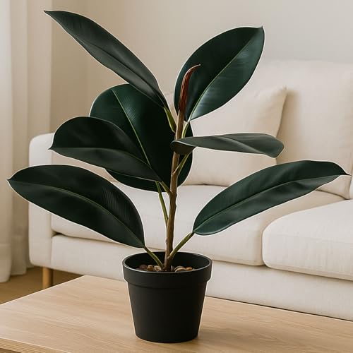 Artificial Rubber Tree - 16' Tall Faux Ficus Elastica Plant with Pot - Small Indoor Fake Tree for Home, Office, Living Room, Floor Decor, Tropical Artificial Plant for Modern Room Styling Light Color