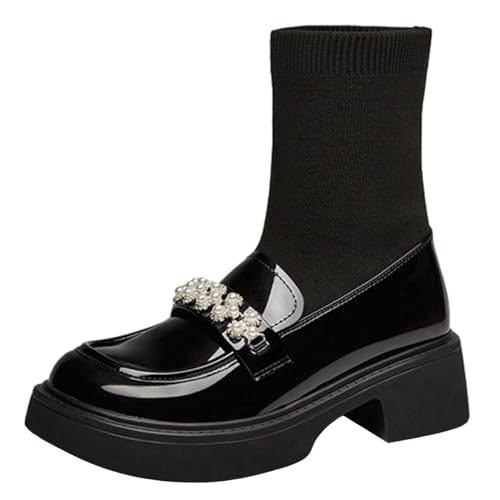 FOWT Women Platform Round Toe Ankle Boots Pearl Strap Chunky Low Heel Loafer Booties Elastic Calf Cute Dressy Shoes Size 4-16 US