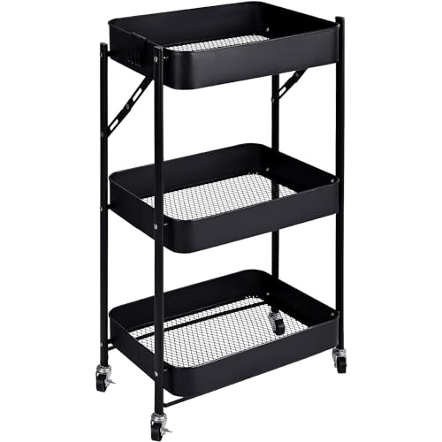 T-LoVendo - Carro o Carrito Plegable con Ruedas Auxiliar Cocina o baño. Metálico Ahorra Espacio, Estrecho. 3 Cajones, Multiusos. Negro