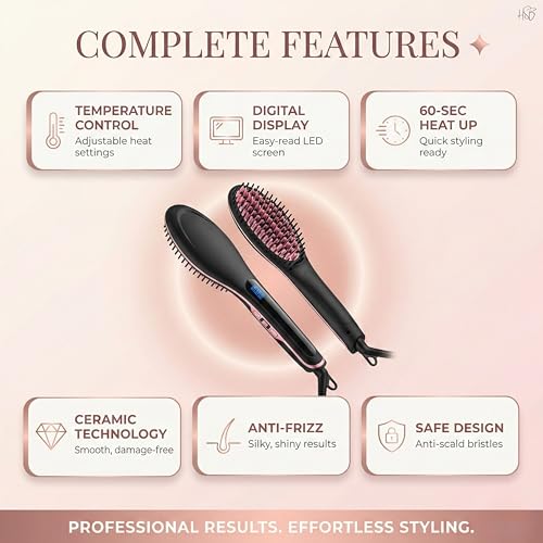 Image of Ceramic Hair Straightener Brush with Digital Display & Temperature Control, Quick Heating Anti-Frizz Straightening Brush, Gift for Women, Girls & Salon Professionals