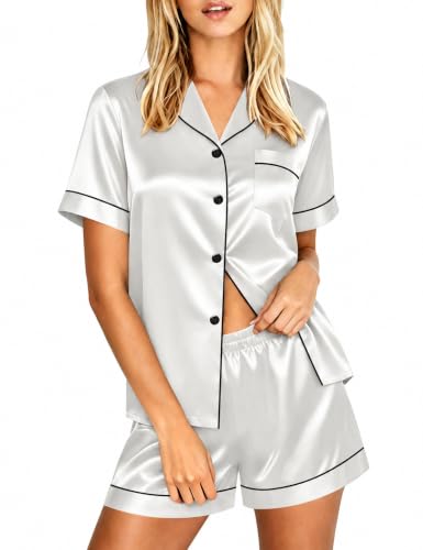 Image of LecGee Womens Silk Satin Pajamas Short Sleeve Loungewear Two-Piece Sleepwear Button-Down Pj Set
