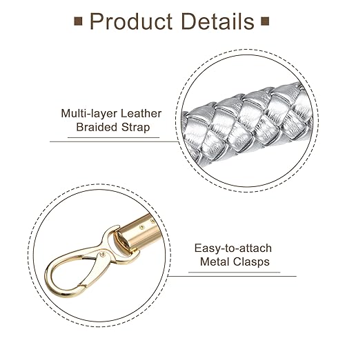 uxcell Leather Purse Strap, 60cm/23.6" PU Braided Purse Replacement Handle for Women's Handbag Underarm Bag Tote (Silver) - Image 3