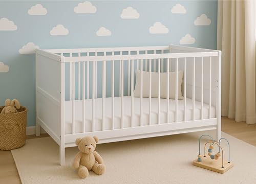 Baby Bliss - Babybett Kinderbett, Bett Nelly - Zweistufige Einstellung für Nicht Sitzendes und Sitzendes Kind - Langlebiges Buchenholz - DREI abnehmbare Sprossen - 120x60 cm
