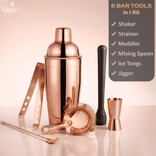 Image of Unify 6 Pieces Stainless Steel Bartender Kit | Rose Gold Cocktail Shaker Set for Home Bar & Parties | Includes Peg Measurer 30 /60ml, Bar Spoon, Ice Tong, Muddler, Strainer | Professional Bar Tool Set