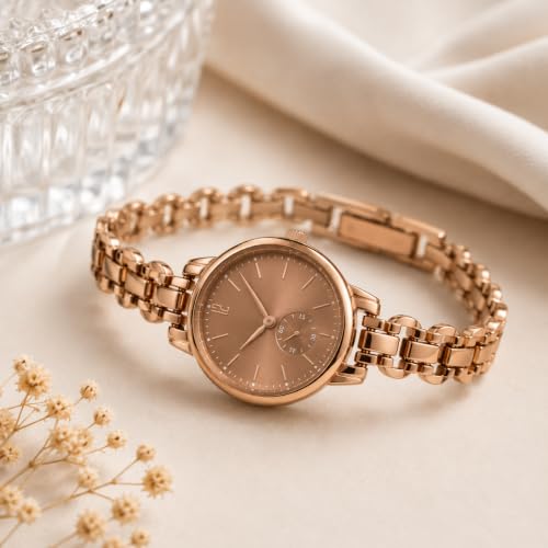 Image of HALFDOT Women's Brown Analog Wrist Watch | Elegant Chain-Link Metal Strap Quartz Watch | Fashion Wrist Watch for Women & Girls