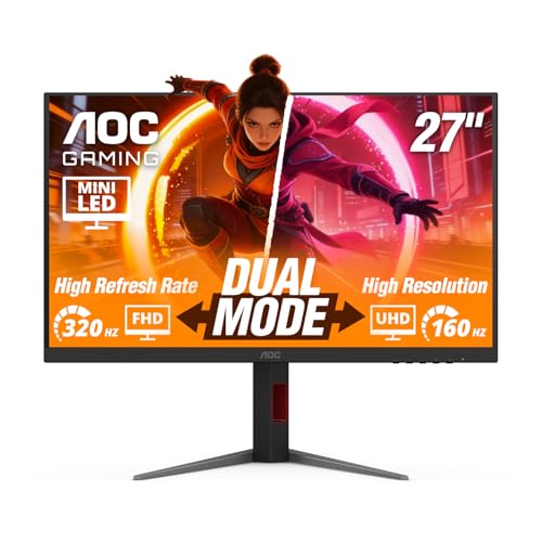 Image of AOC 27 inch Gaming Monitor 4K Mini-LED Dual Mode 320Hz G-SYNC Compat. U27G4XM | 3840x2160 Computer Monitor, 1ms GtG, 4K 160Hz / FHD 320Hz, HDR1000, USB 3.2, HDMI 2.1, Height Adjustable Stand, VESA Mount