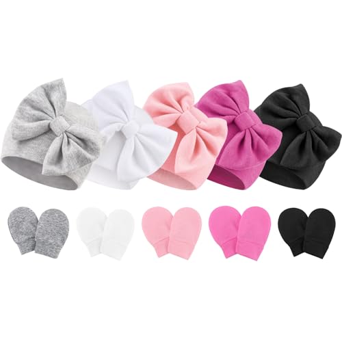 Image of Newborn Baby Hats and Mittens Set Infant Bow Beanie Cap Toddler Gloves Newborn Hospital Hats for Baby Boy Girl 0-6 Months