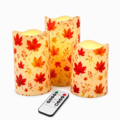 Image of Maple Leaf Flameless Candles with Remote Timer, 3 Pack LED Pillar Candles 4 /5 /6 Inch, Warm White Flickering Battery Operated Candles for Fall Thanksgiving Christmas Decor