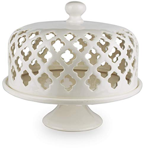 Circleware Quatrefolio Ceramic Cake Plate with Dome, Home and Kitchen Entertainment Food Serving Platter Stand for Fruit, Ice Cream, Dessert, Salad, Cheese, Candy, 11x11x11, White