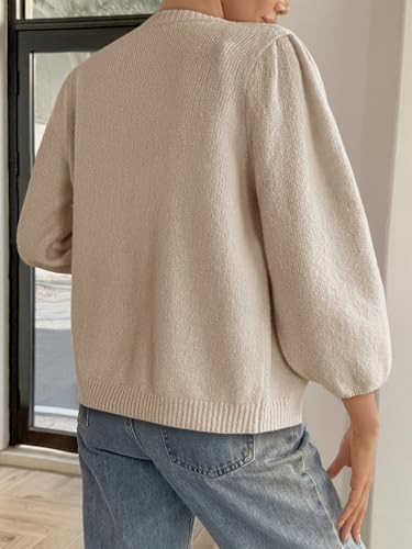 Cicy Bell Womens 3/4 Puff Sleeve Cardigan Sweater Fall Trendy Casual Button Up Loose Fit Cropped Knit Sweaters3
