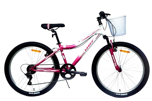 DEPORBIKES Bicicleta de Montaña 24'' para Niña de 8-12 años, 7 velocidades Shimano, Frenos V-Brake, Suspensión Delantera, Rosa-Blanca