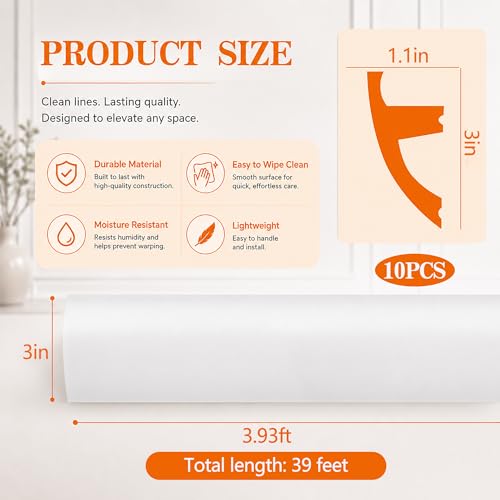 Image of moonoom 10 Pack 39 Ft Ceiling Crown Molding Trim, High Impact Ceiling Decorative Moulding, Room Top Light Strip Crown Molding for Ambient Home Bedroom Living Room Lighting (Style B)