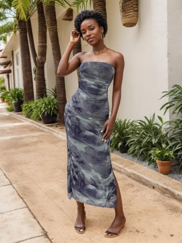 Image of Women's Mesh Floral Strapless Bodycon Maxi Dress Ruched Long Tube Dresses Summe Sexy Party Club Dress Y2K Dresses