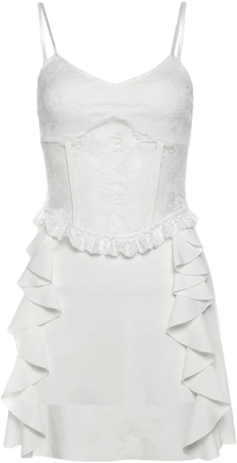 Women's Lace Hollow Out Slim Fitting Tassel Patchwork Party Suspender Dress