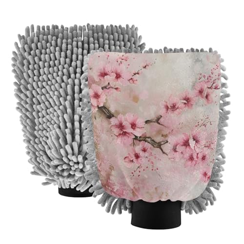 ALAZA Cherry Blossom Painting Car Wash Mitt Scratch Free, 2 Pack Absorbent Microfiber/Chenille Washing & Drying Mitts, L