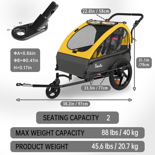 Image of Sepnine Kids Bike Trailer, 2 in1 Canopy Carrier Converts to Stroller Suitable for 1 to 2 Kids, 12+ Months, Quick Attach to Bike, Foldable, with 5-Point Harness and Storage Bags