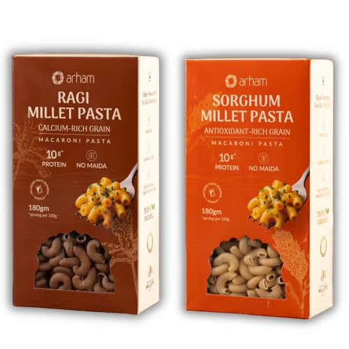 Image of Arham Organic Sorghum & Ragi Millet Pasta Combo 2 x 180g |Healthy No Maida Pasta | High Fiber & Protein | Non-GMO, No Preservatives | Easy & Quick to Cook
