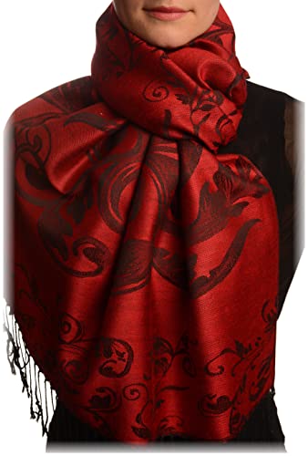 Écharpe rouge pashmina LissKiss grand châle femme à franges et imprimé végétal 70x180