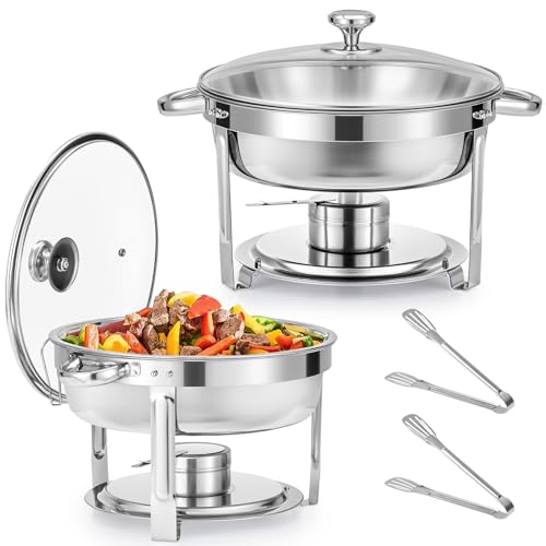 Wilprep 2er Set Rund Chafing Dish Set 5,5L Suppenwärmer mit Glasdeckel Erstklassiger 410 Edelstahl Wärmebehälter Bain Marie Speisenwärmer für Restaurants, Buffets, Schule