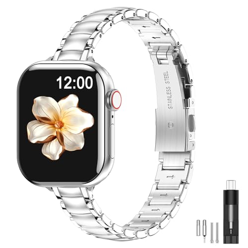 MioHHR Thin Metal Bands Compatible with Apple Watch Band 38mm 40mm 41mm 42mm(Series 11 10),Slim...
