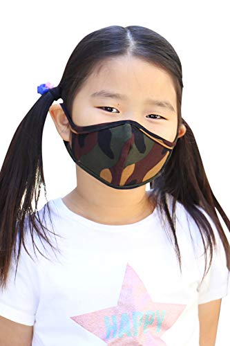 Kid's Fabric Face Cover - Cute Print Fashion Outdoor Cloth Covering Protection Comfy Breathable Mouth Shield Unisex (Pointy/Ear Loop - Camo Graphic Brown)