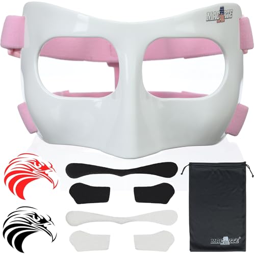 Macarte MC01B Nose Guard for Broken Nose Adults Adjustable Basketball Soccer Sports Face Shield Mask with Foam Padding Stickers and Pouch for Men Women Youths Teens (Pink)