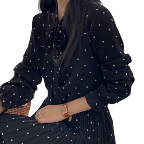 Long-Sleeved Chiffon Polka dot Dress for Women, ming Bottoming Long Skirt - Black - S2