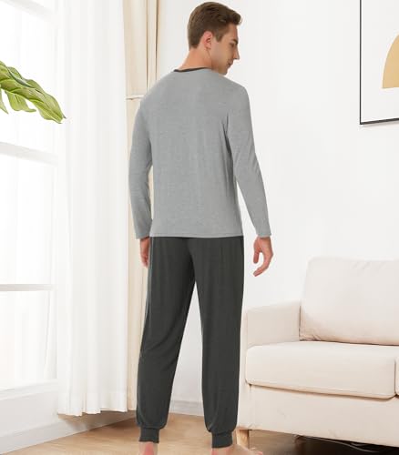 Image of NACHILA Mens Pajamas Set Long Sleeve Henley Sleepwear Top Soft Jogger Pants Pajamas Cool Pjs Set,Viscose Made from Bamboo