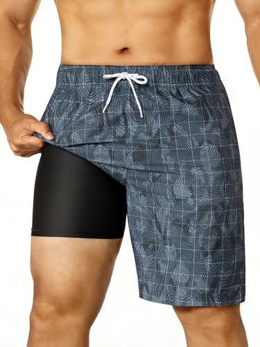 SurfTrak Mens Swim Trunks 9 Inch Long Board Shorts with Compression Liner Quick Dry Beach Bathing Suit Lightweight Pockets, Camo&stripes, Medium