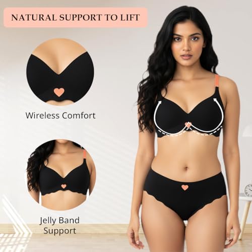 Image of Women Bra Panty Set Soft Natural Support Seamless Backless Summer Bra Panties Set | Adjustable Straps and Heart Design Lingerie Set | Women's Suit Push-Ups Sports Underwear Bra Set