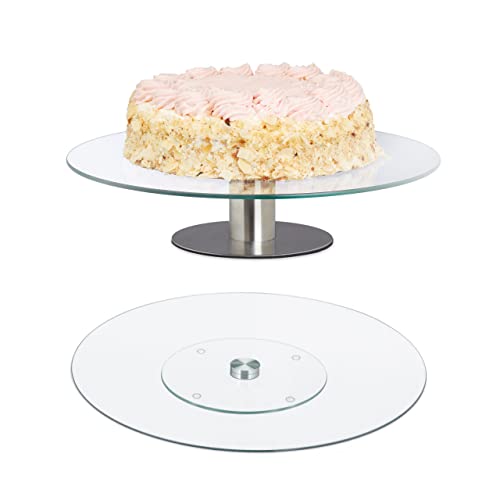 Relaxdays Plateaux tournants, lot 2, avec et sans Pied, rotatifs à 360°, diamètre de 30 cm, Verre, Transparent - argenté