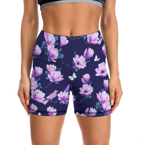 Cherry Blossoms Flower Pattern High Waist Yoga Shorts for Women Athletic Shorts Leggings Running Pants