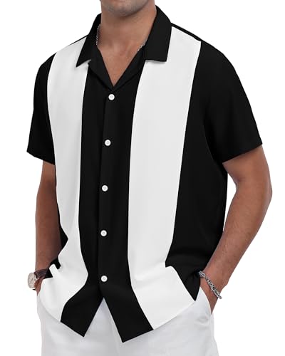 YTD Men's Vintage Bowling Shirt Short Sleeve Button Down Summer Cuba Beach Shirts Black White
