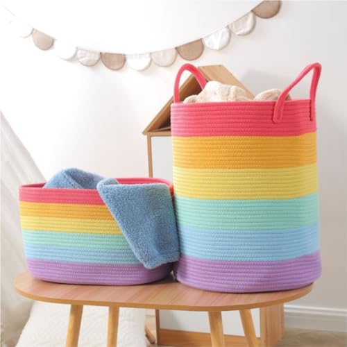 Storage Clothes Rainbow Cotton Rope Laundry Baskets Woven Hamper Storage Basket With Handles Organizer Nursery(40 * 25 * 22cm) - Image 4