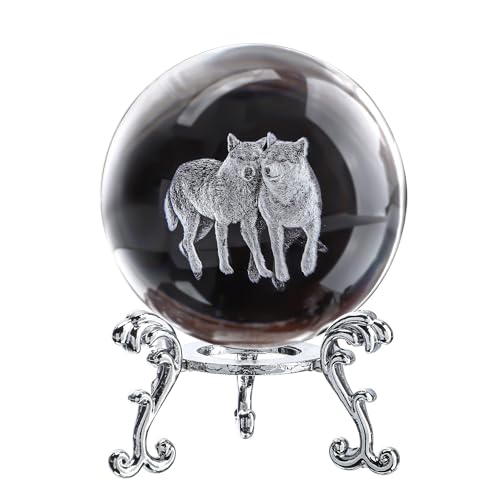 ZEERSHEE 60mm Wolf Couple Crystal Ball Wolf Ornaments Glass Paperweight Wolves Gifts for Men Women Lovers Desktop Decor